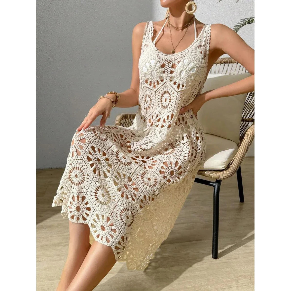 Crochet Midi Dress – Sleeveless Square Neck Knit Dress with Intricate Openwork Pattern, Fitted Waist and Flared Skirt for Beach Vacations