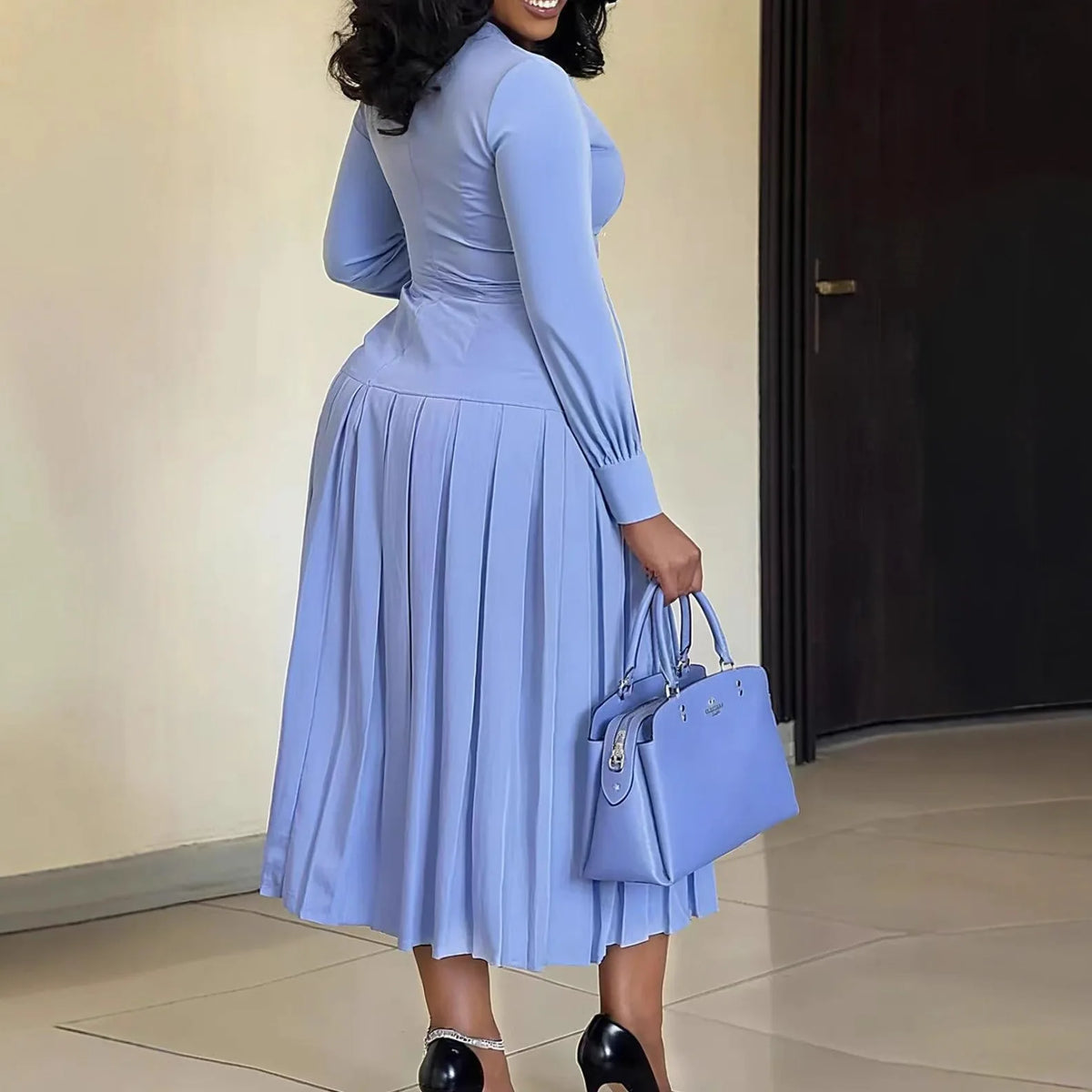 Pleated Knit Midi Dress – Long Sleeve Sweater Dress with High Neck, Textured Bodice, Defined Waist and Elegant Pleated Skirt