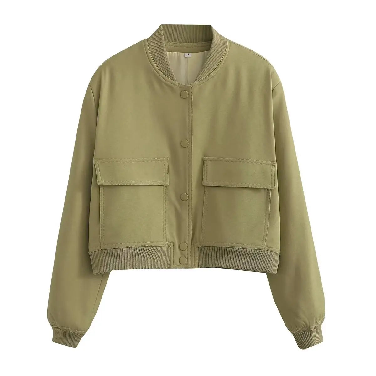 Women's Cropped Bomber Jacket, Minimalist Stand Collar Utility Jacket, Long Sleeve Casual Lightweight Outerwear
