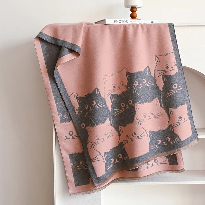 Cute Cat Print Scarf, Playful Feline Pattern Shawl Wrap, Artistic Neck Scarf with Decorative Border