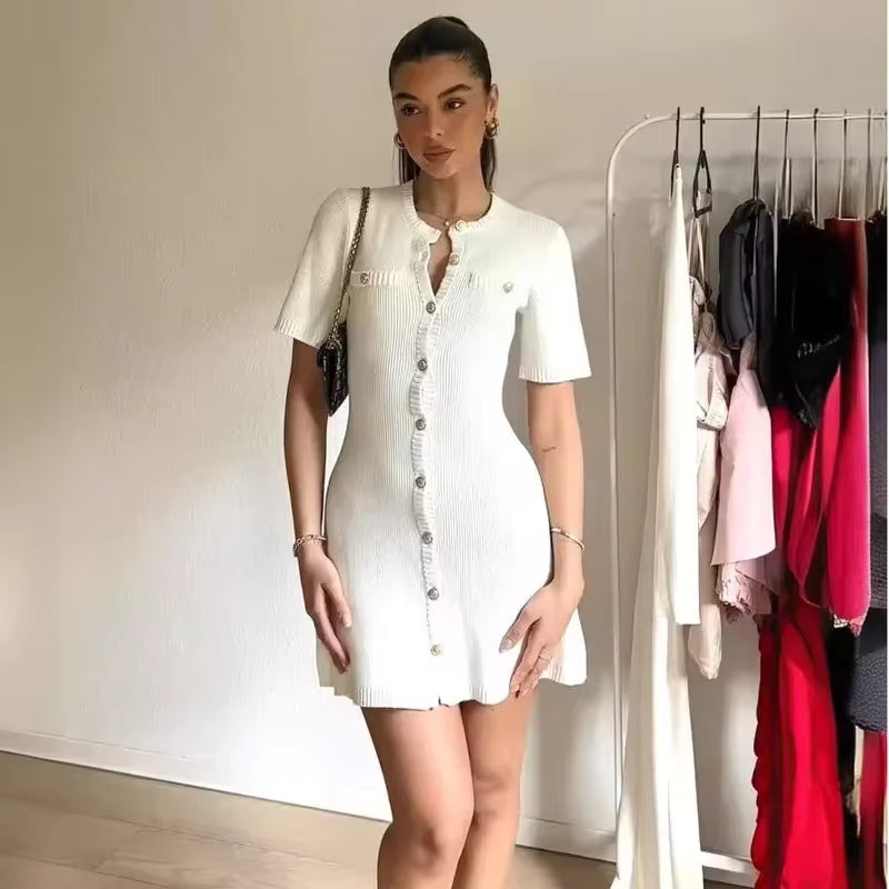 Knit Button Down Mini Dress – Short Sleeve A Line Sweater Dress with Round Neckline, Front Button Closure and Decorative Chest Pockets
