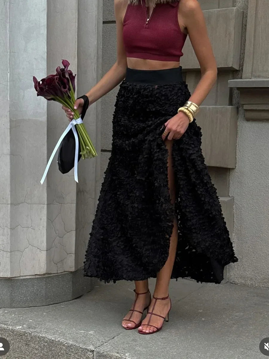 High Waisted Textured Maxi Skirt A Line Long Flared Skirt Asymmetrical Hem Boucle Style Elegant Boho Occasion Wear