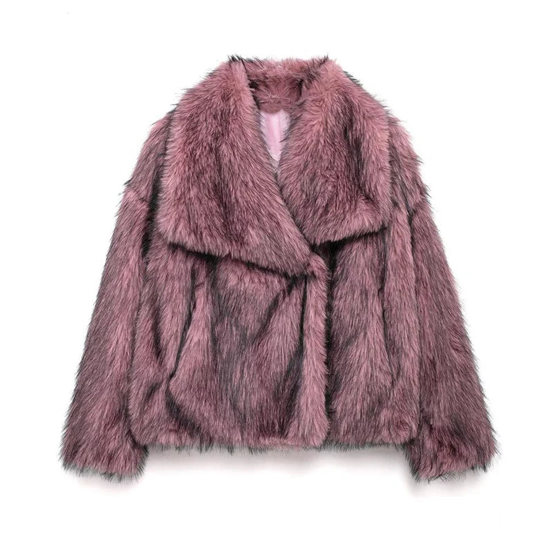 Women's Faux Fur Jacket, Oversized Plush Fur Coat with Wide Collar, Long Sleeve Winter Outerwear