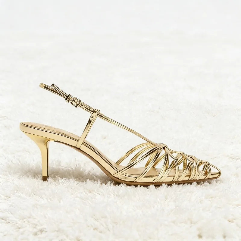 Women's Gold Strappy Pointed Toe Kitten Heel Sandals – Elegant Slingback Dress Shoes for Wedding, Party, Evening & Formal Wear