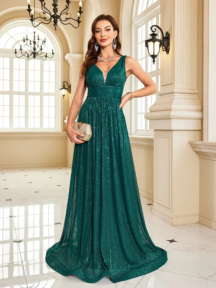 Glitter A-Line Maxi Dress – Sleeveless V-Neck Evening Gown with Fitted Bodice, Defined Waist and Flowing Floor-Length Skirt for Weddings & Events