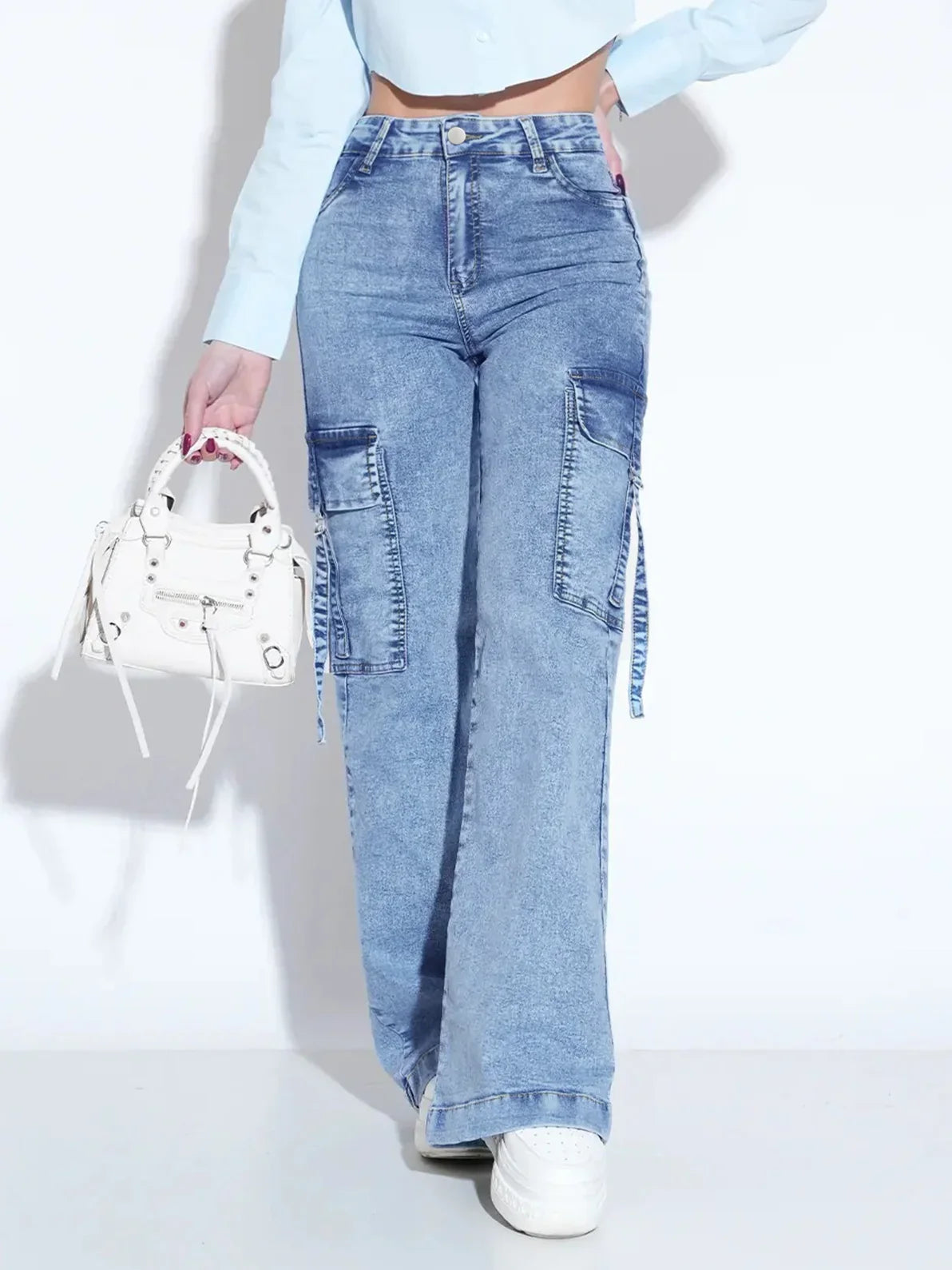High Waisted Flare Jeans Cargo Wide Leg Denim Pants Bell Bottom Trousers Relaxed Fit Streetwear Casual Full Length
