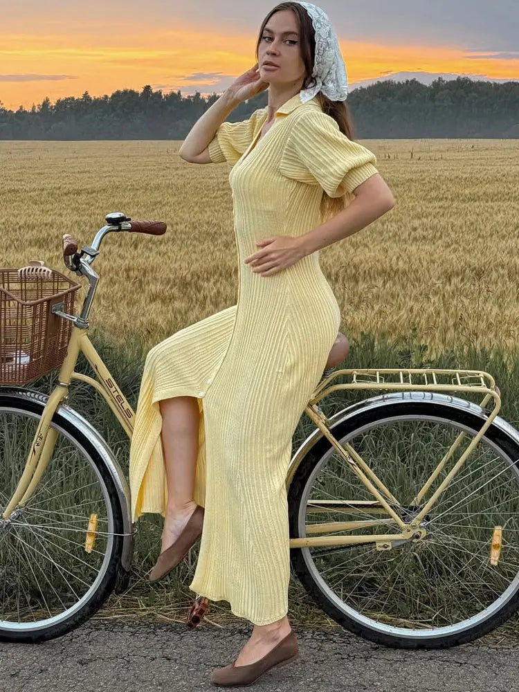 Ribbed Knit Mini Dress – V-Neck Short Puff Sleeve Dress with Button Front, Fitted Waist and Flared Hem for Casual & Summer Wear