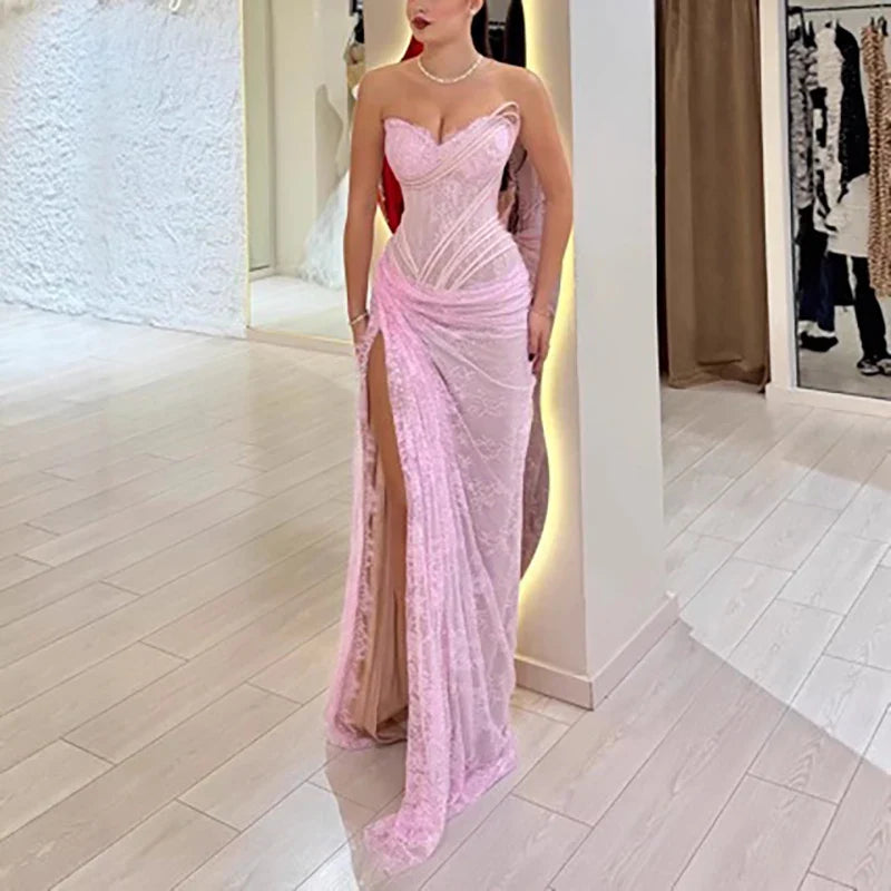Lace Mermaid Maxi Dress – Strapless Sweetheart Neck Gown with Corset Bodice, Ruched Waist and High Side Slit for Weddings & Formal Events