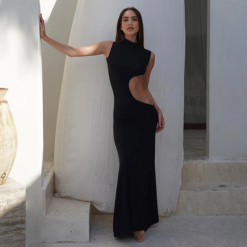 Cutout Bodycon Maxi Dress – Sleeveless High Neck Dress with Side Cutout Detail, Figure-Hugging Silhouette and Floor-Length Design for Parties