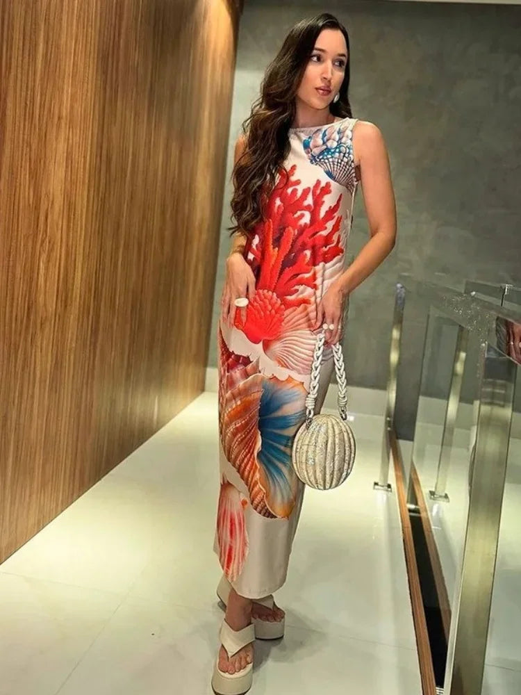 Floral Maxi Dress – Sleeveless Bodycon Dress with High Neck, Side Slit and Artistic Botanical Print for Vacations, Brunch & Summer Events
