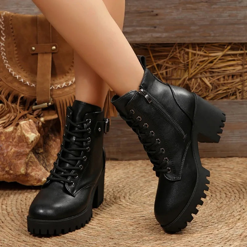 Lace-Up Combat Boots | Chunky Platform Ankle Booties | Buckle Detail Block Heel Boots