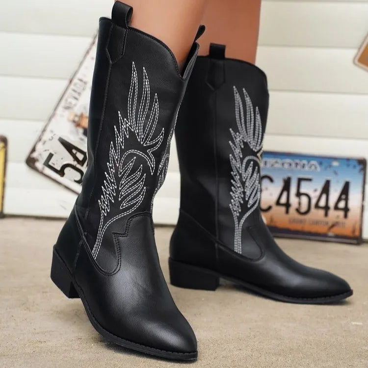 Western Cowboy Boots | Embroidered Knee High Boots | Pointed Toe Riding Boots with Block Heel