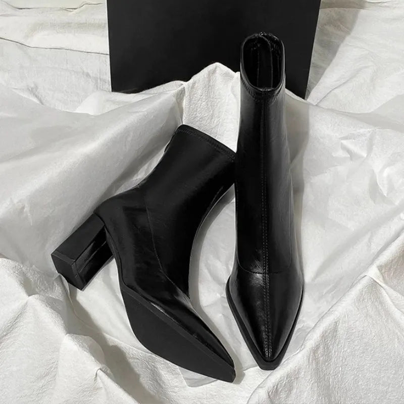 Pointed Toe Ankle Boots | Chunky Block Heel Booties | Vintage-Inspired Leather-Look Dress Boots