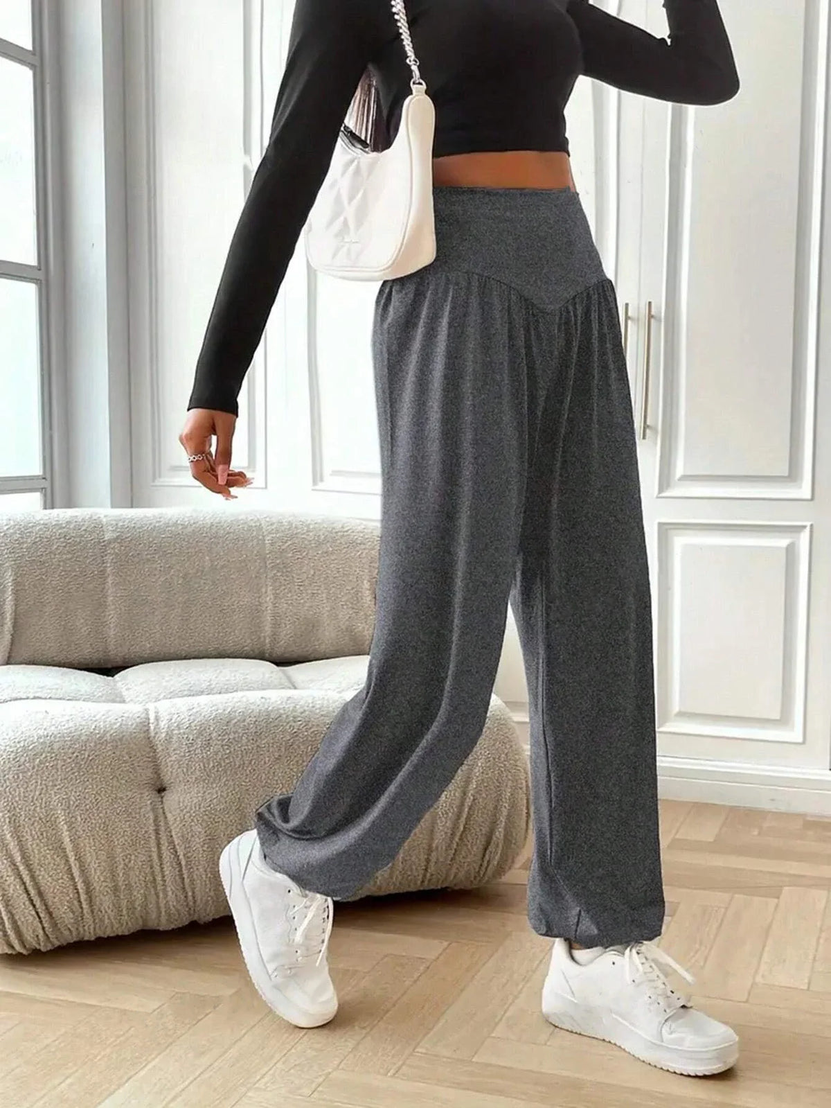 High Waisted Wide Leg Lounge Pants Relaxed Fit Flowing Trousers Elastic Waist Casual Streetwear Jogger Bottoms