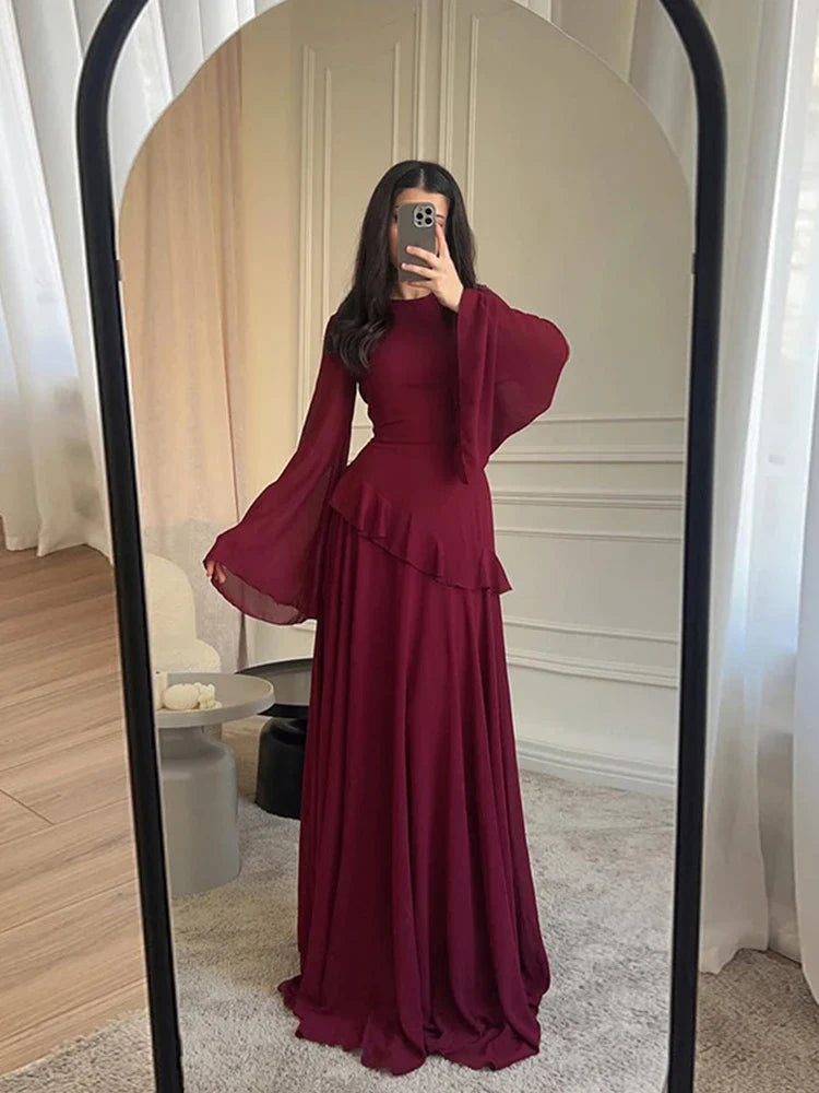 Elegant Maxi Dress – Long Sleeve Ruched Waist Gown with Draped Bodice and Flowing Floor-Length Skirt for Weddings & Formal Events