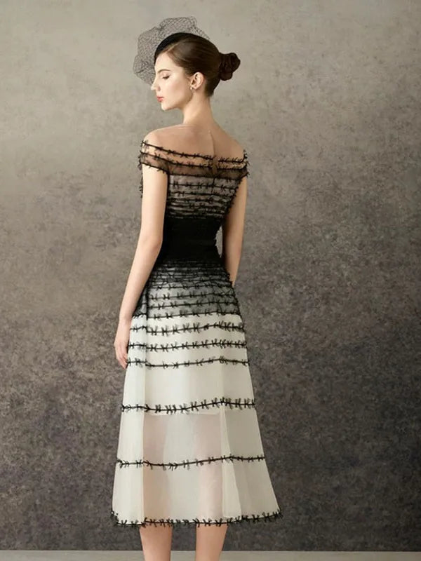 Textured A-Line Midi Dress – Strapless Embellished Bodice Dress with Full Flared Skirt and Patterned Detail for Weddings & Special Events
