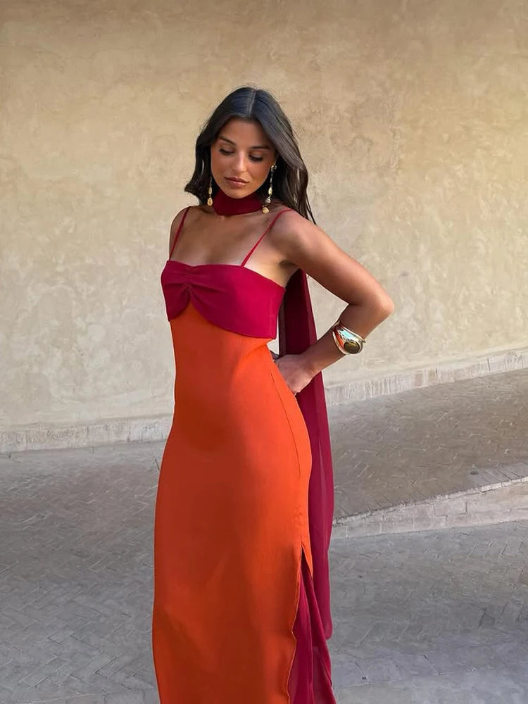 Halter Maxi Dress – Strapless Draped Dress with Open Side Slit, Long Scarf Detail and Flowing Floor-Length Silhouette