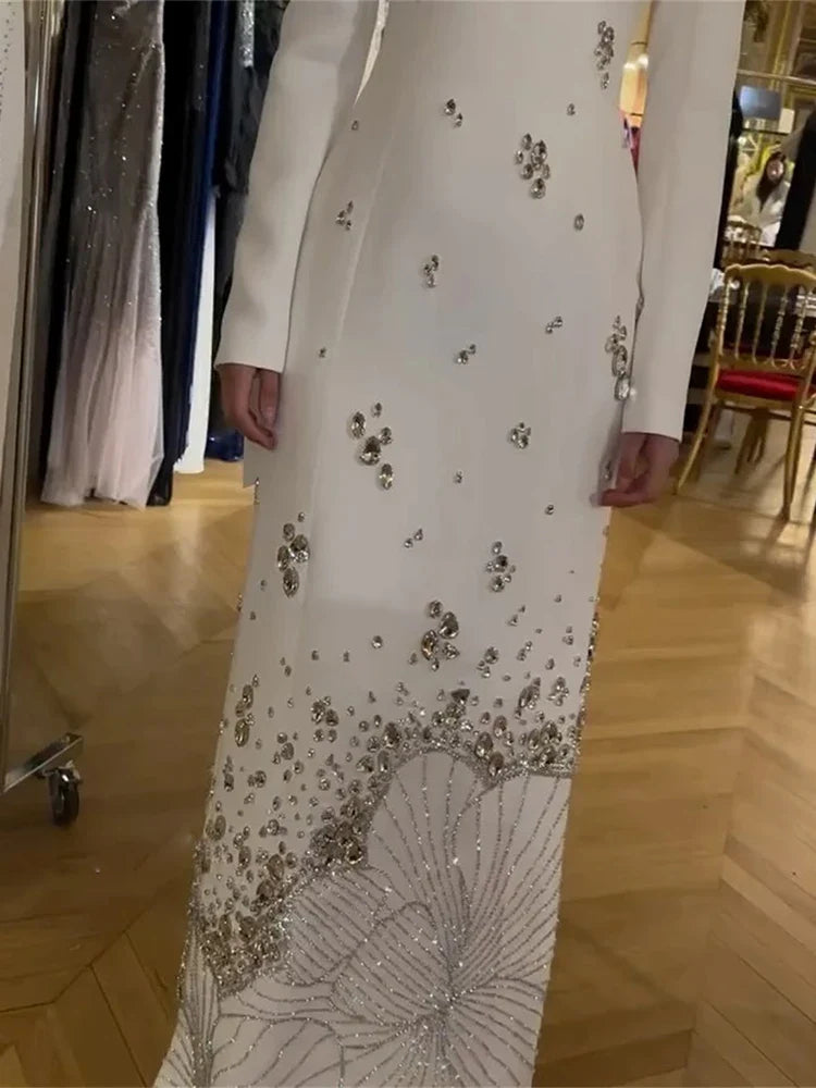 Embellished Mermaid Maxi Dress – High Neck Long Sleeve Gown with Figure-Hugging Silhouette and Flared Hem for Weddings & Formal Events