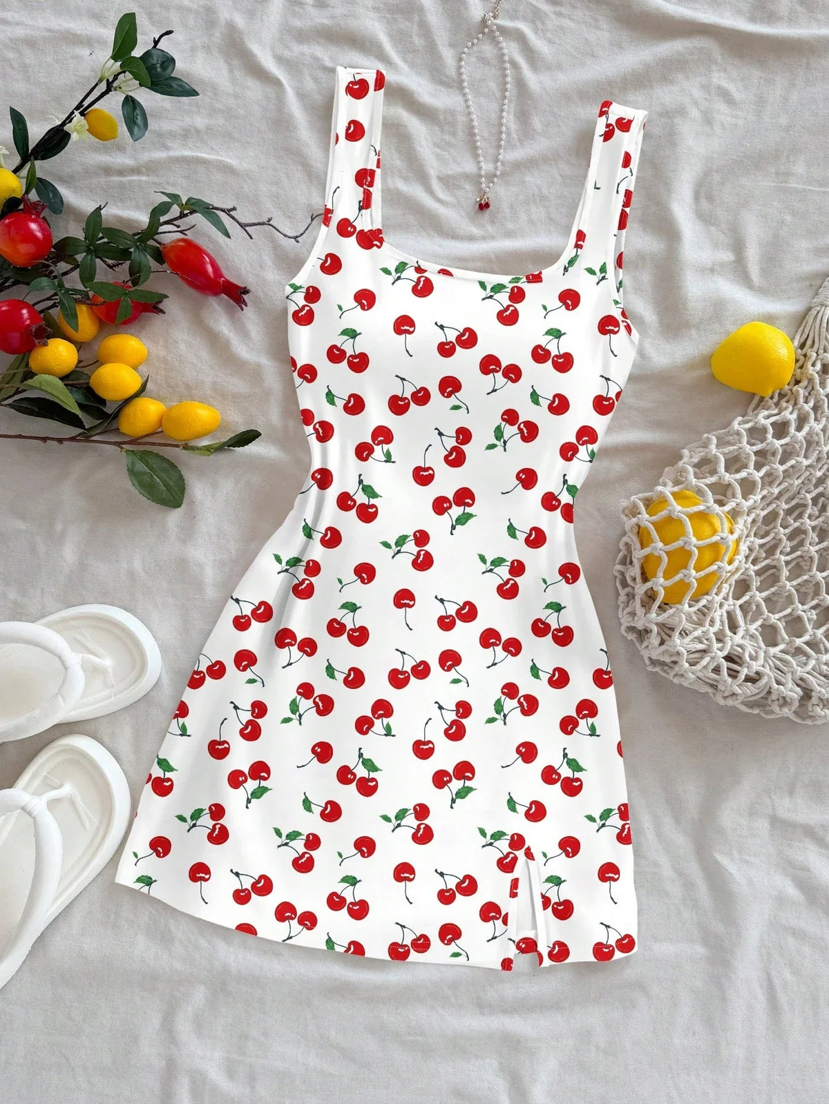Cherry Print Mini Dress – Sleeveless Square Neck Dress with Wide Shoulder Straps, Fitted Bodice and Flared Skirt for Summer & Vacations