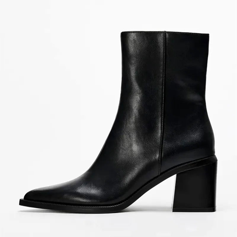 Pointed Toe Ankle Boots | Chunky Block Heel Booties | Minimalist Zip-Up Dress Boots