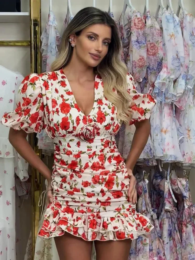 Floral Mini Dress – V-Neck Long Sleeve Dress with Ruched Waist, Fitted Silhouette and Ruffle Hem for Brunch, Date Nights & Summer Events