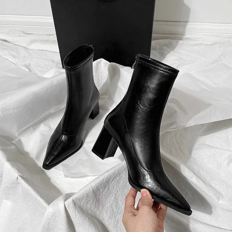 Pointed Toe Ankle Boots | Chunky Block Heel Booties | Vintage-Inspired Leather-Look Dress Boots
