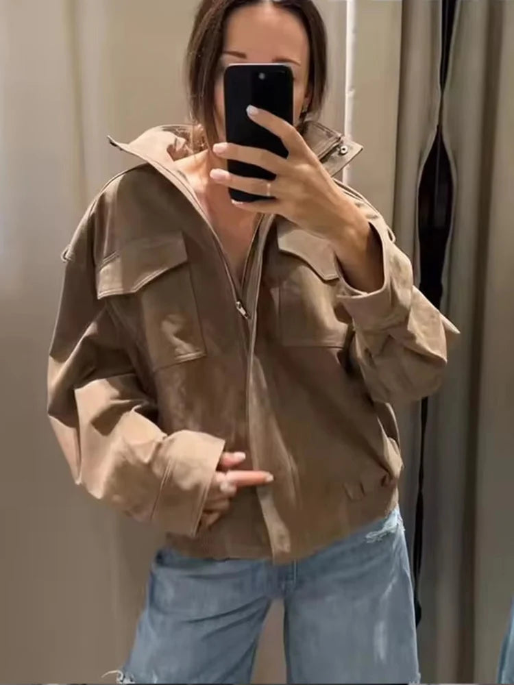 Utility Cropped Jacket, Stand Collar Zip-Up Jacket with Cargo Pockets and Relaxed Fit, Chic Casual Streetwear Outerwear