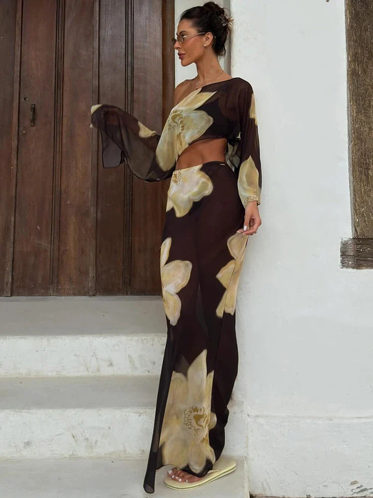 Asymmetric Crop Top & Wide Leg Pants Co-Ord Set | Abstract Floral Print Two Piece Outfit | Chic Vacation & Party Matching Set