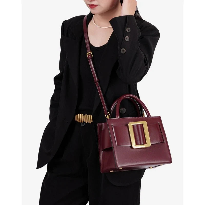 Structured Top Handle Handbag, Elegant Box Satchel with Statement Buckle Detail, Minimalist Shoulder Purse for Work, Dates & Everyday Use