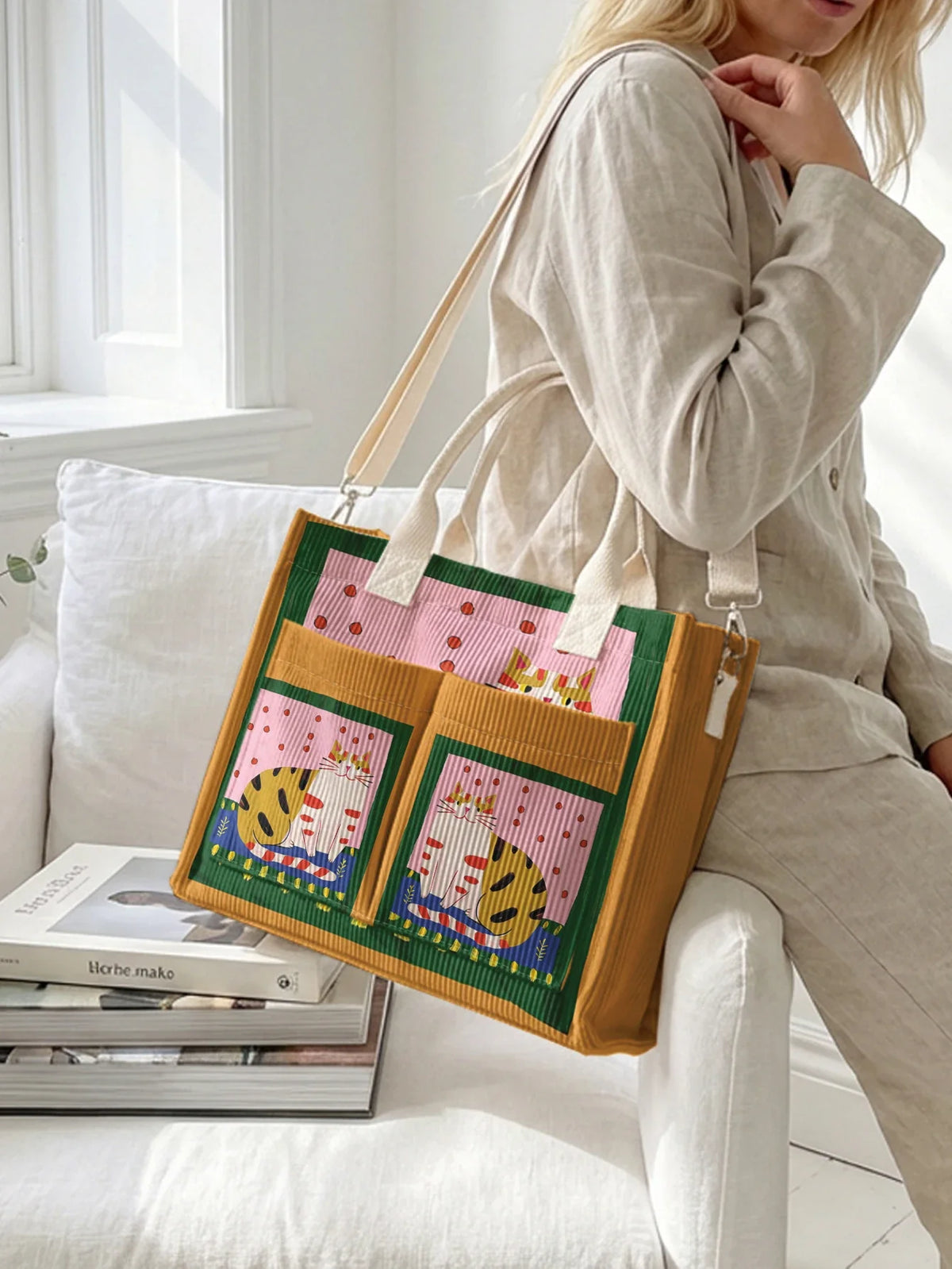 Patchwork Canvas Tote Bag, Large Printed Shoulder Handbag with Multiple Front Pockets, Spacious Carryall Purse for Shopping, Travel & Everyday Use