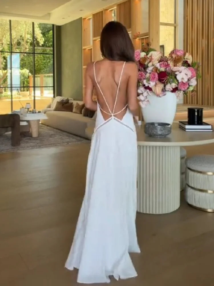 Satin Maxi Dress – Spaghetti Strap V-Neck Dress with Draped Bodice, Defined Waist and Flowing Floor-Length Skirt for Weddings & Evening Events