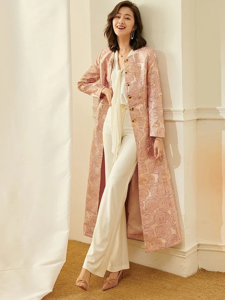 Long Brocade Duster Coat with Button Front, Jacquard Tailored Longline Jacket, Elegant Occasion Outerwear