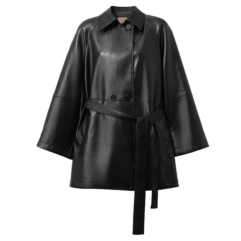 Faux Leather Trench Coat, Belted Double-Breasted Jacket with Wide Lapels and Longline Silhouette, Chic Statement Outerwear