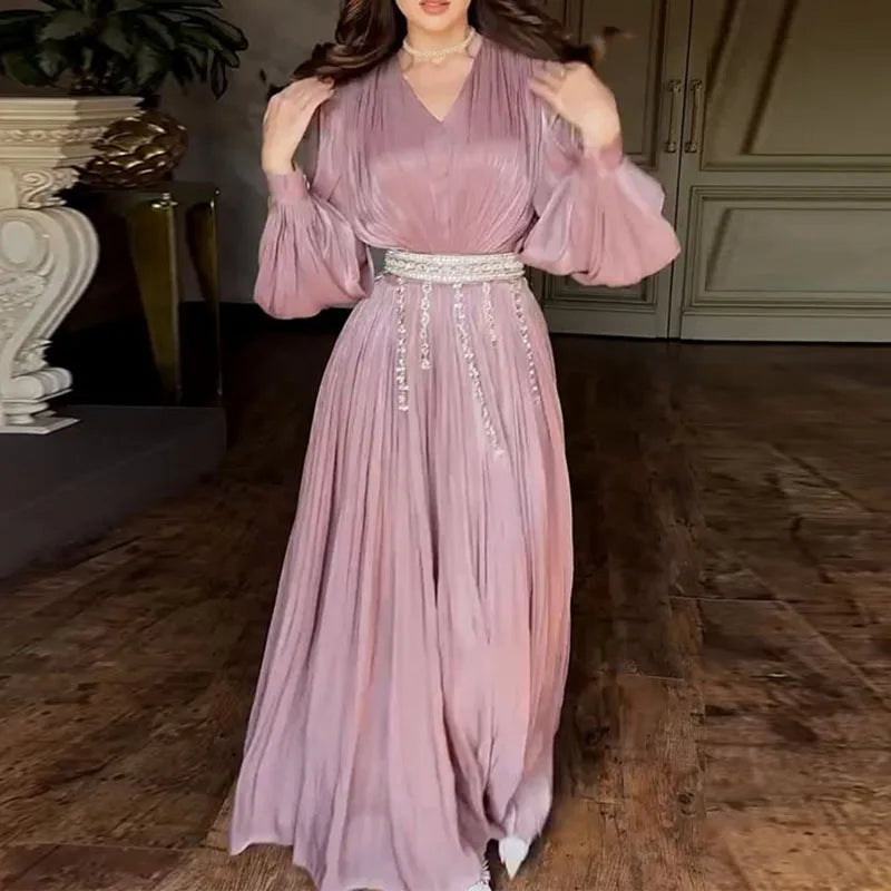 Elegant Maxi Dress – Off Shoulder Long Sleeve Gown with Ruched Bodice, Waist Belt and Flowing Floor-Length Skirt for Weddings & Events