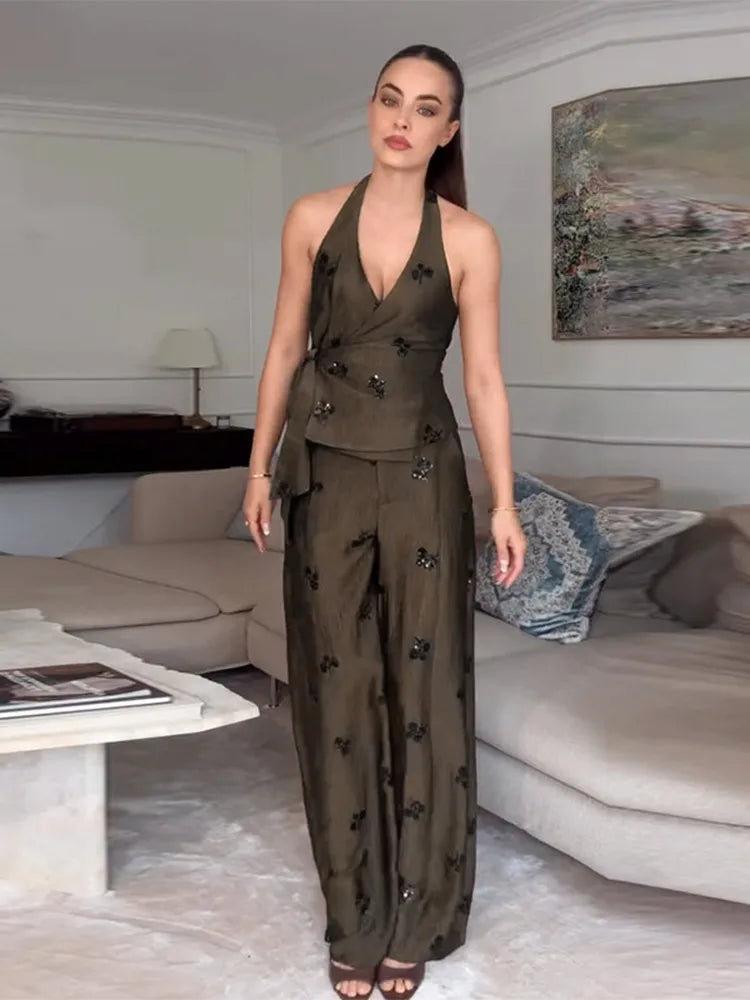 Sleeveless Tailored Vest & Wide Leg Pants Co-Ord Set | Embroidered Two Piece Outfit | Elegant Casual Vacation & Resort Matching Set