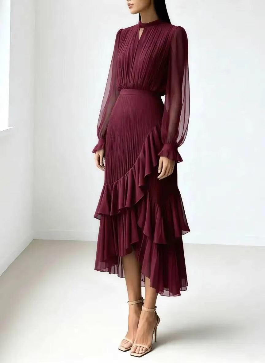 Pleated Ruffle Midi Dress – Long Sleeve Chiffon Dress with High Neckline, Keyhole Detail, Balloon Sleeves and Asymmetrical Tiered Hem