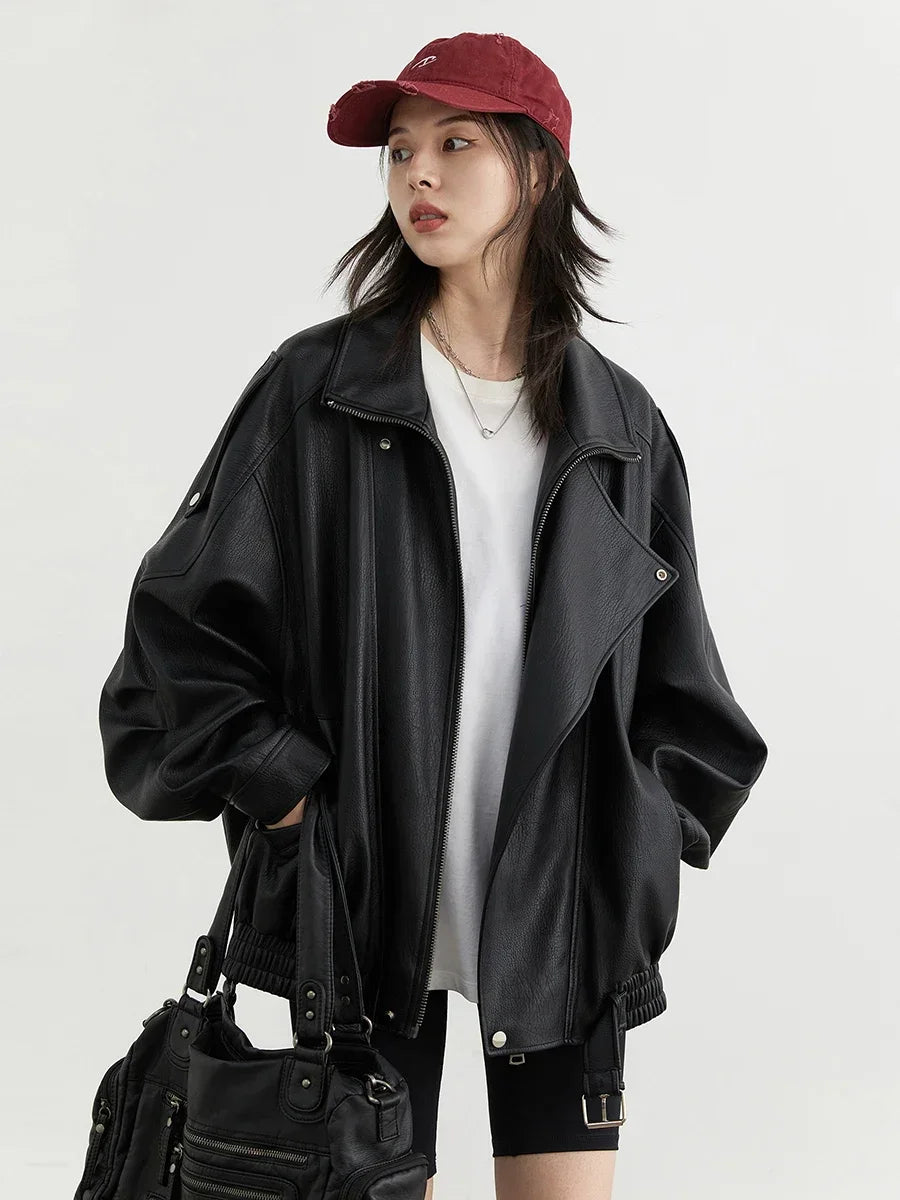 Oversized Faux Leather Biker Jacket, Zip-Up Moto Jacket with Wide Lapels and Elasticated Hem, Edgy Casual Streetwear Outerwear