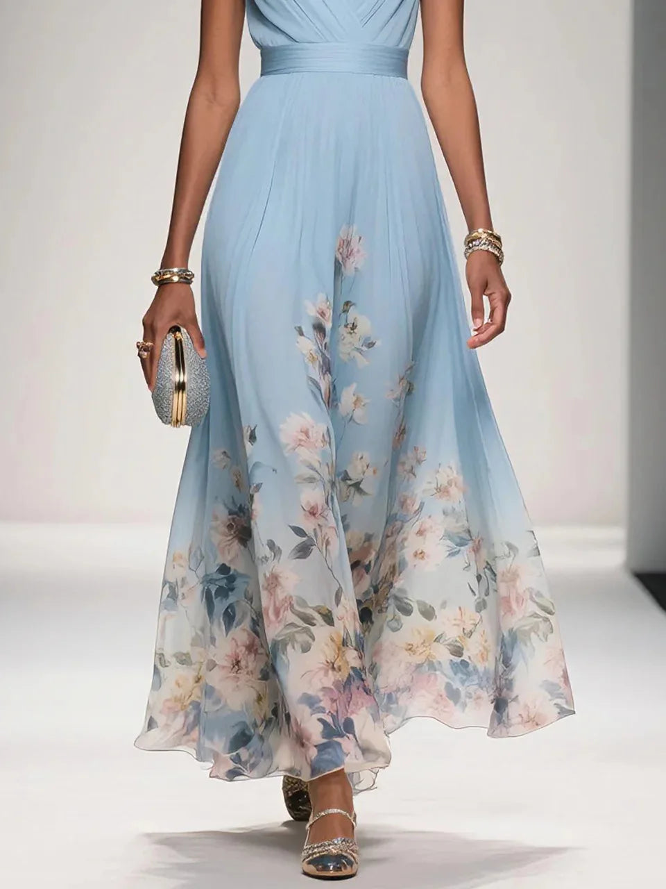 Floral Maxi Dress – Sleeveless V-Neck A-Line Dress with Fitted Waist and Flowing Skirt for Weddings, Garden Parties & Vacations