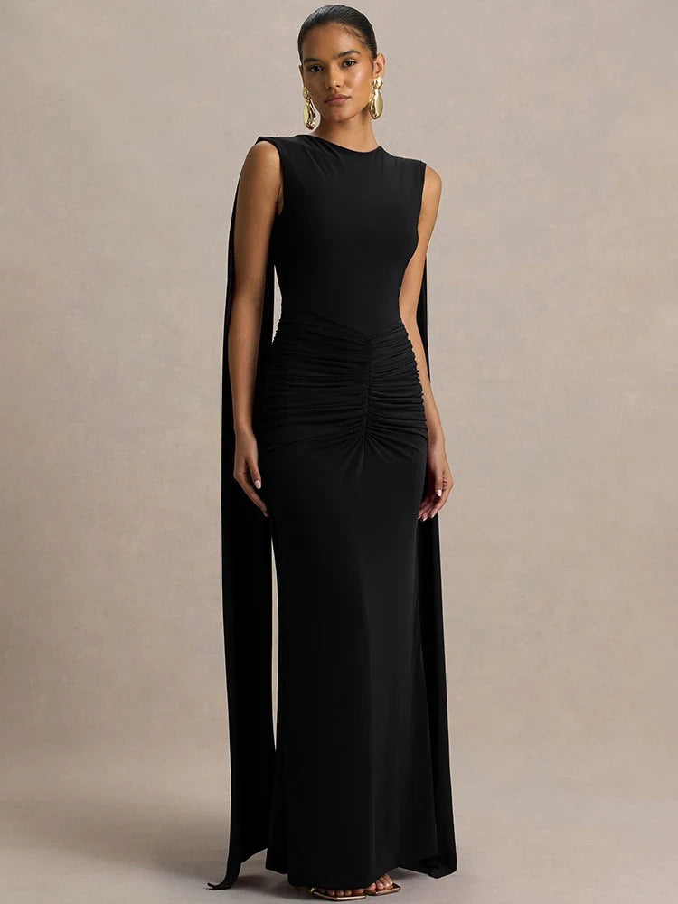 Ruched Maxi Dress – Sleeveless High Neck Bodycon Gown with Draped Waist and Floor-Length Silhouette for Weddings & Evening Events