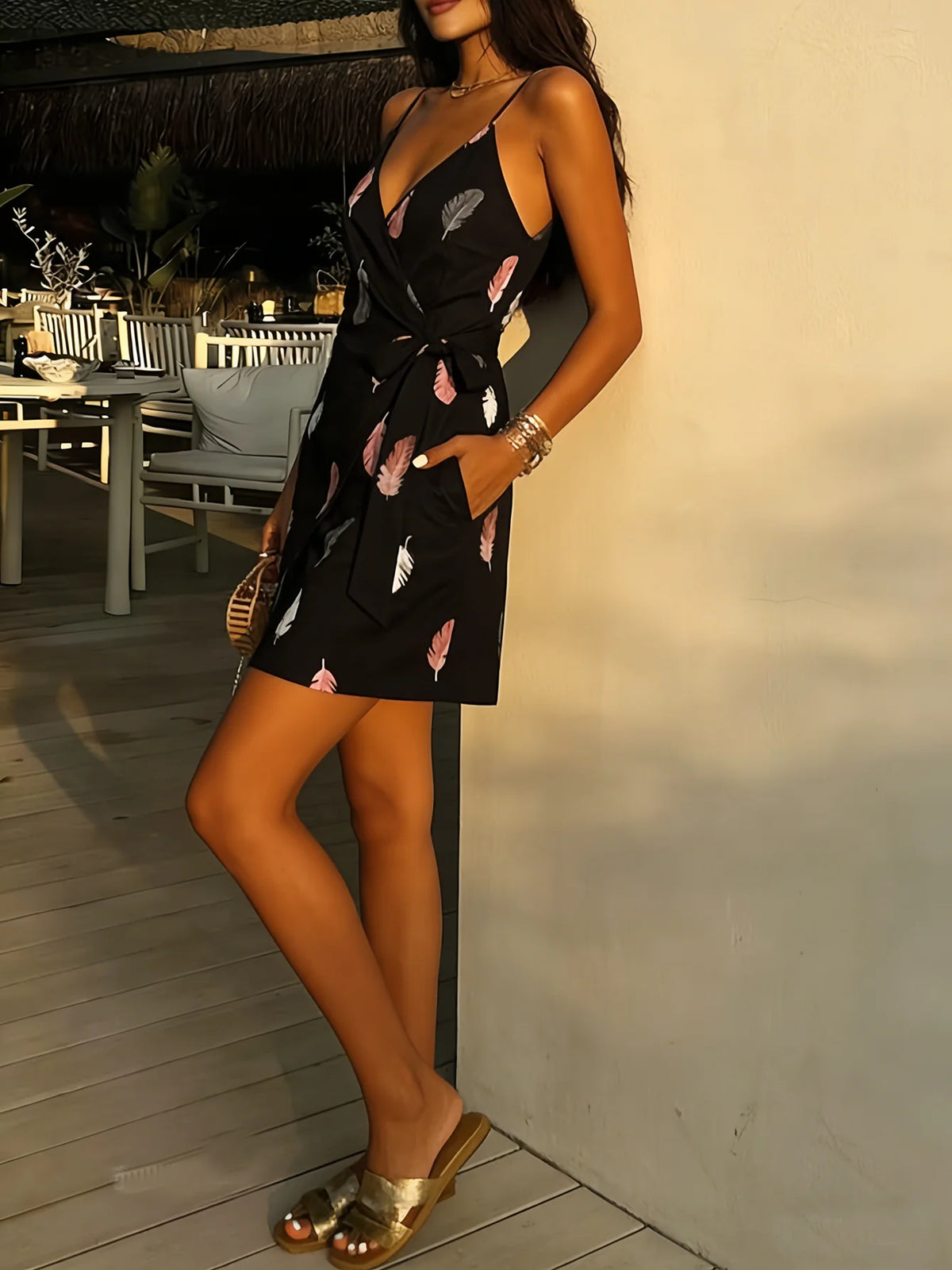 Feather Print Mini Dress – Sleeveless V Neck Dress with Adjustable Spaghetti Straps, Wrap Front, Side Tie and Flirty Silhouette
