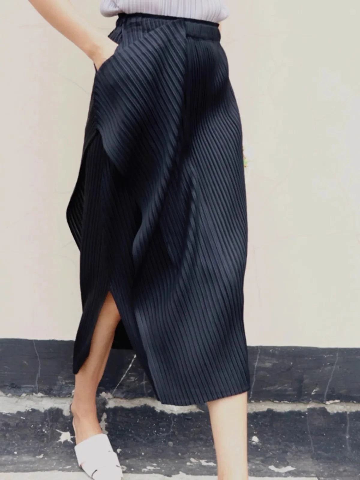 High Waisted Asymmetrical Midi Skirt Draped Wrap Skirt Side Slit Pleated Long Skirt Elegant Casual Streetwear Bottomwear