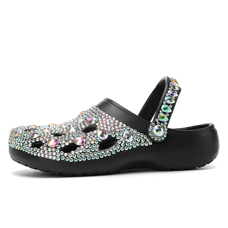 Rhinestone Clog Sandals | Floral Embellished Platform Mules | Sparkly Casual Slip-On Shoes