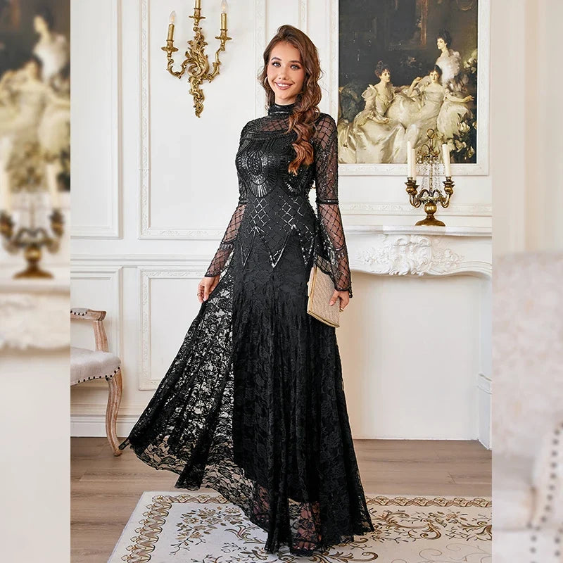 Lace Maxi Dress – Long Sleeve High Neck Evening Gown with Sheer Lace Bodice, Fitted Waist and Flowing Floor-Length Skirt for Formal Events