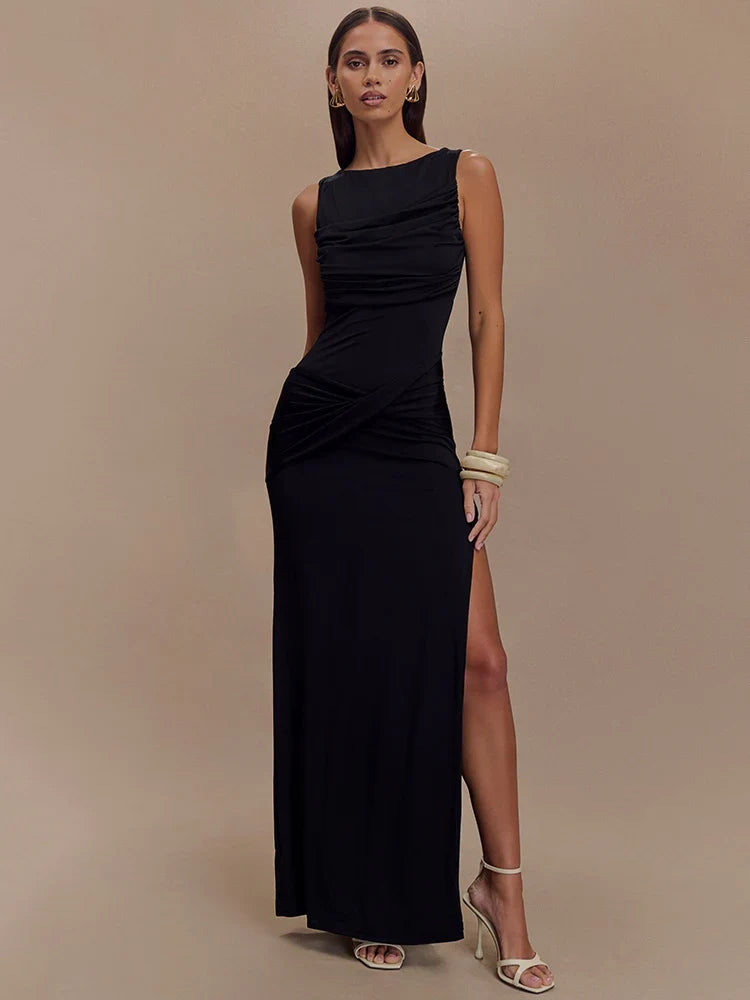 Ruched Column Maxi Dress – Sleeveless Scoop Neck Bodycon Dress with Draped Bodice and Side Slit for Weddings, Galas & Evening Events