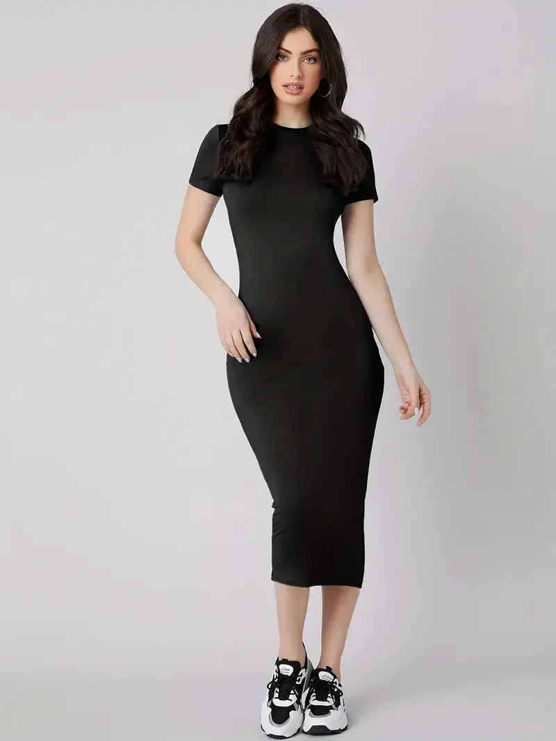 Short Sleeve Bodycon Midi Dress – Crew Neck Fitted Dress with Minimalist Design, Stretch Fabric and Elegant Slim Silhouette