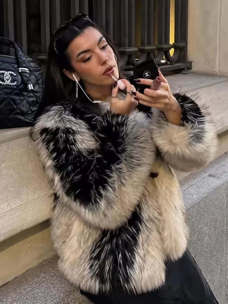 Faux Fur Cropped Jacket, Plush Textured Coat with Oversized Sleeves and Relaxed Fit, Glamorous Winter Statement Outerwear