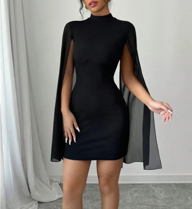 Cape Sleeve Mini Dress – High Neck Bodycon Dress with Draped Cape Sleeves and Figure-Hugging Silhouette for Cocktail Parties & Date Nights