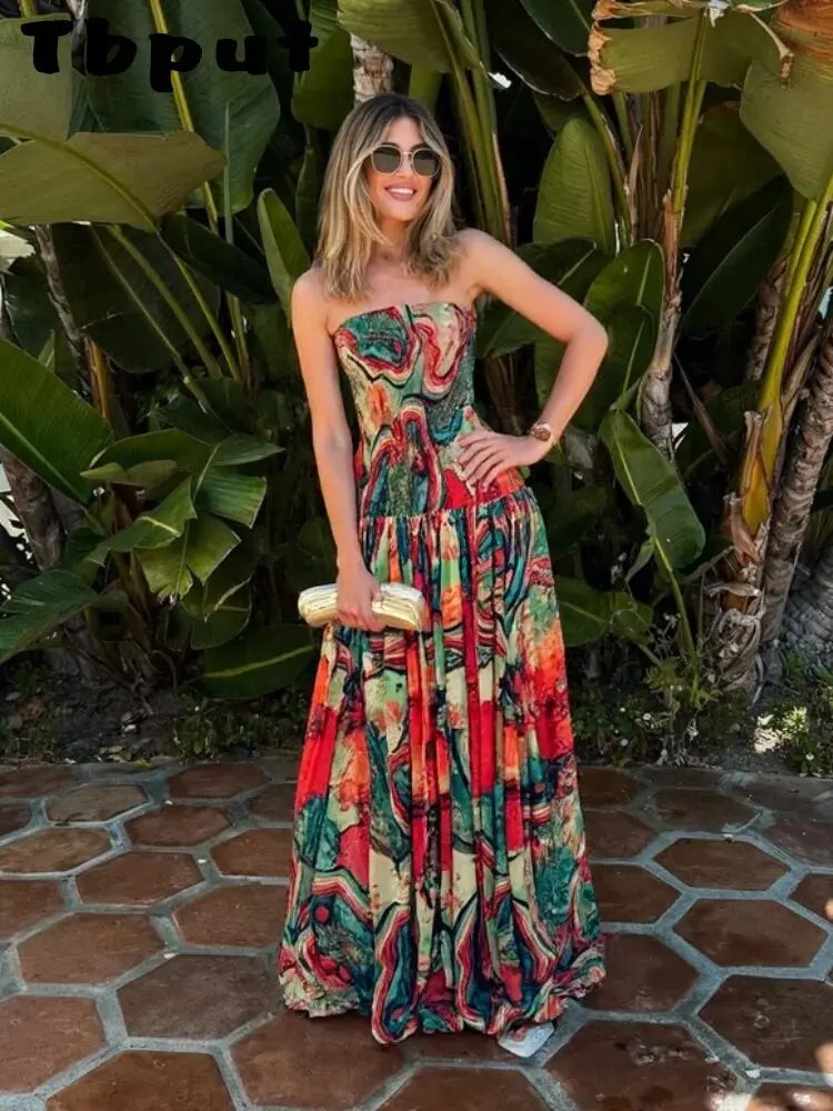 Bohemian Maxi Dress – Strapless Corset Dress with Fitted Bodice, Defined Waist and Flowing Tiered Skirt for Vacations & Summer Events