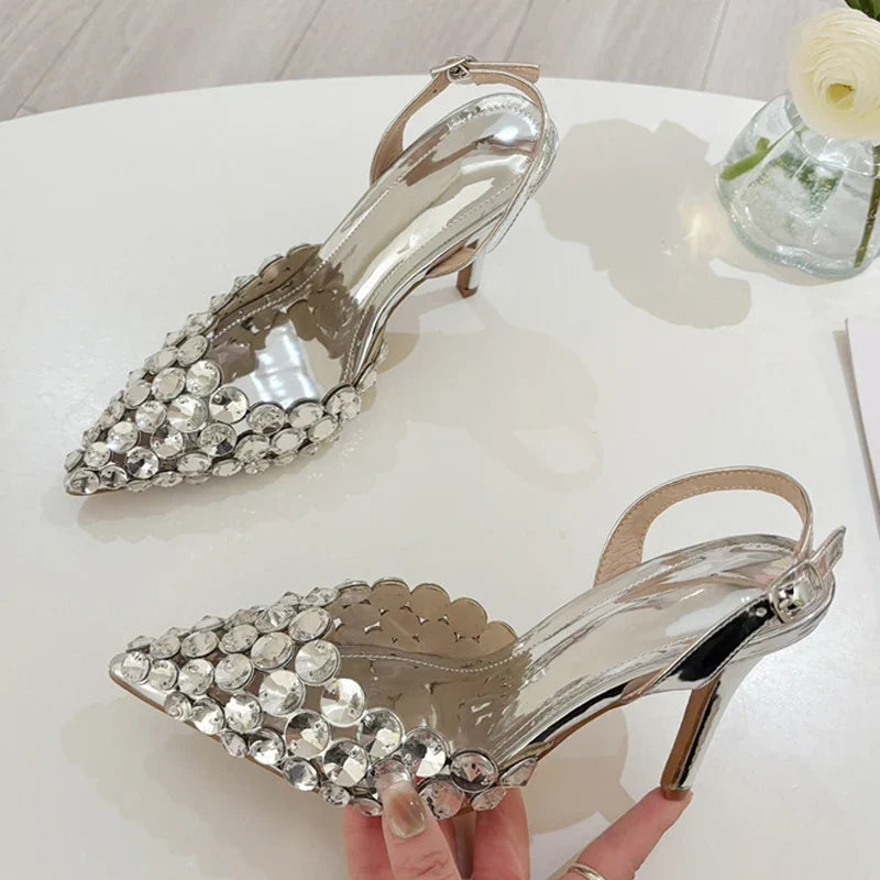 Rhinestone Slingback Heels | Pointed Toe Crystal Pumps | Elegant Kitten Heel Party Shoes