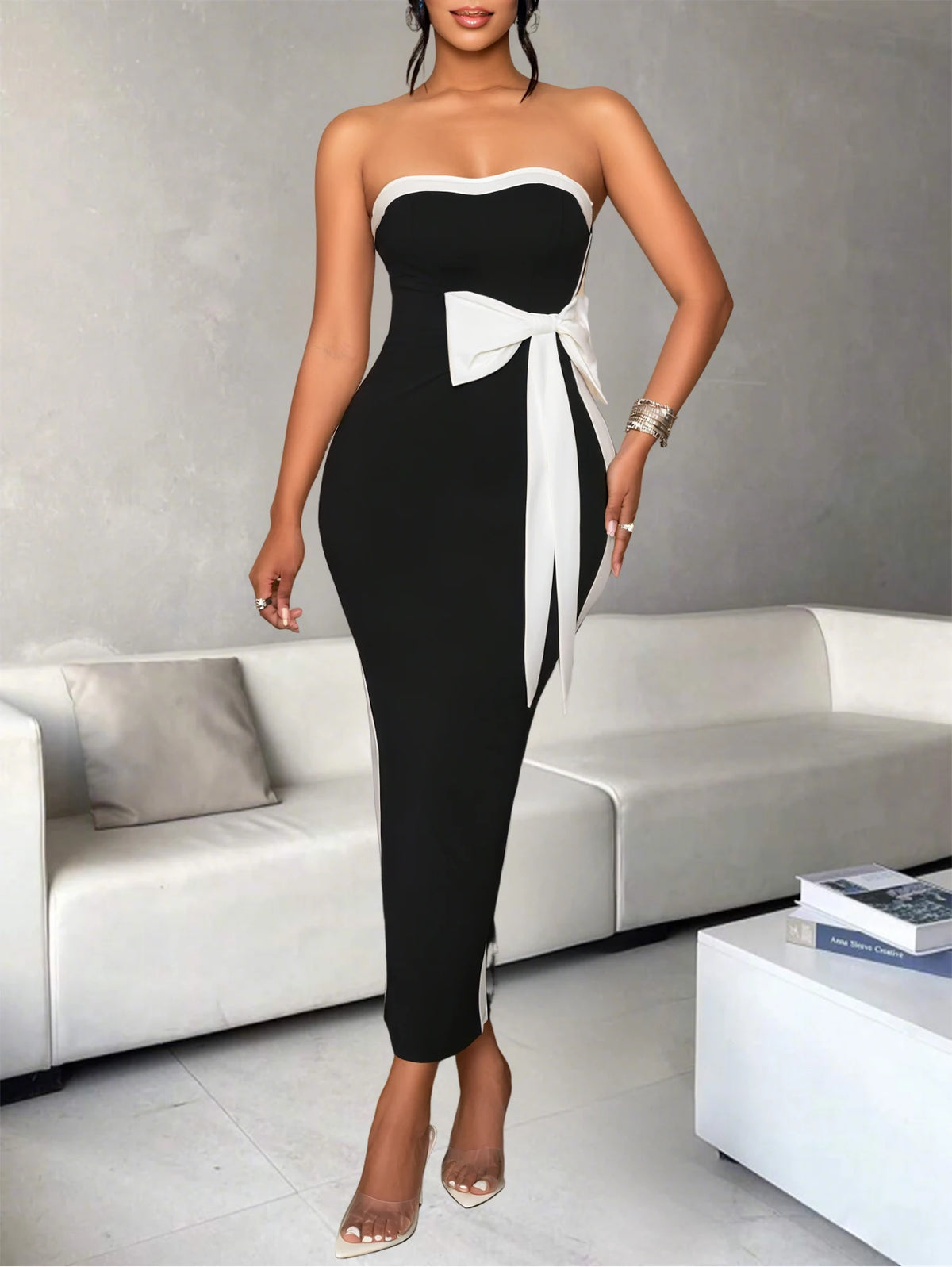 Strapless Bodycon Midi Dress – Elegant Fitted Dress with Contrast Trim, Statement Bow Waist Detail and Sleek Pencil Silhouette